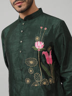 Dark Fern Embroidered Silk Kurta by Hilo Design | Grocsy