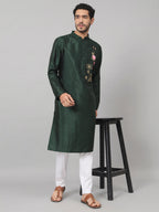 Dark Fern Embroidered Silk Kurta by Hilo Design | Grocsy