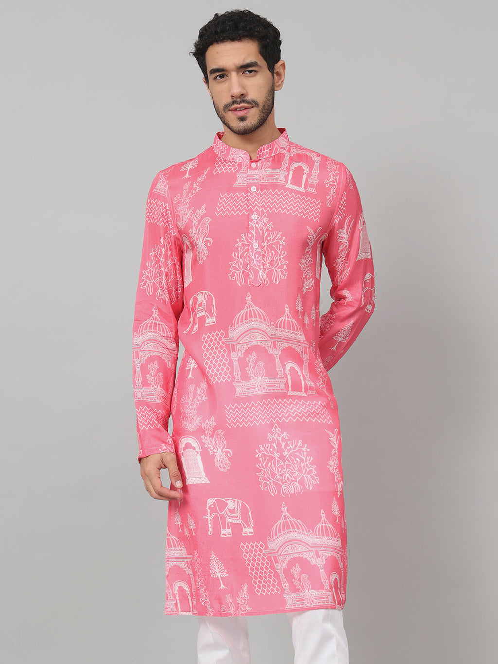 Botanical Architecture Traditional Printed Silk Kurta by Hilo Design | Grocsy