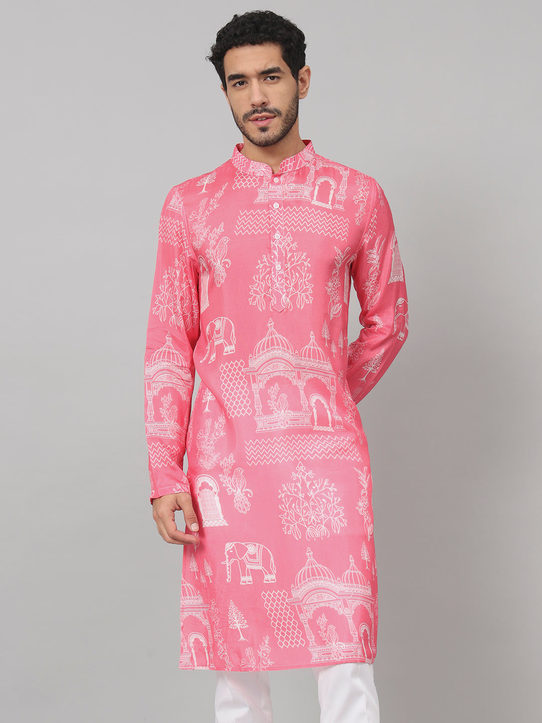 Botanical Architecture Traditional Printed Silk Kurta by Hilo Design | Grocsy