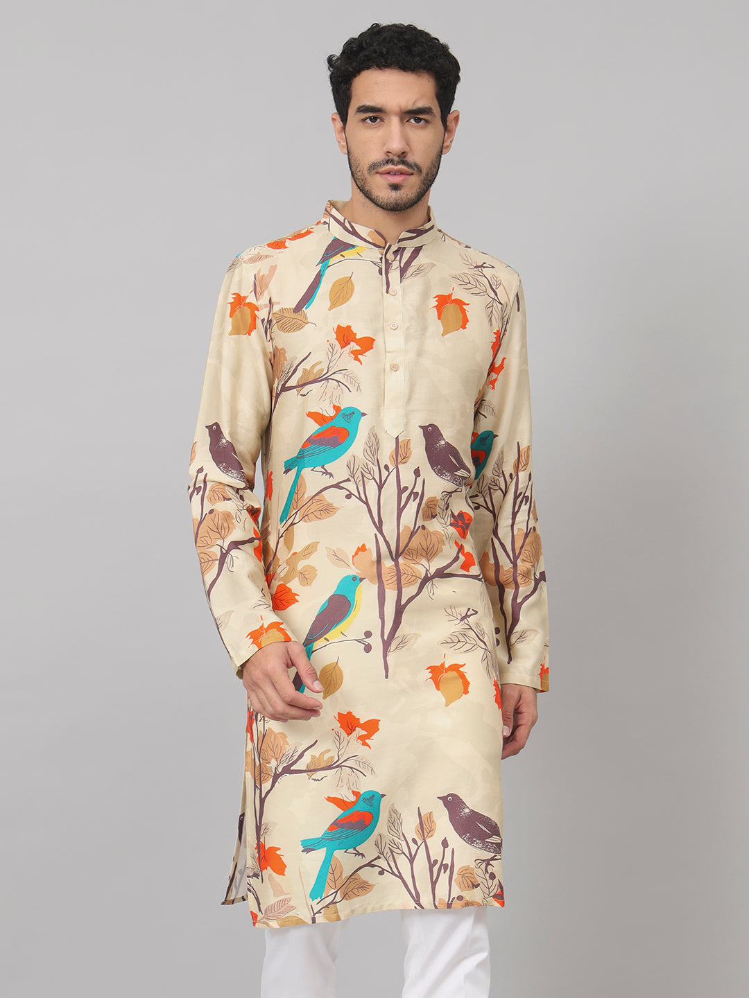 Serenity Bird Themed Print Cotton Kurta by Hilo Design | Grocsy