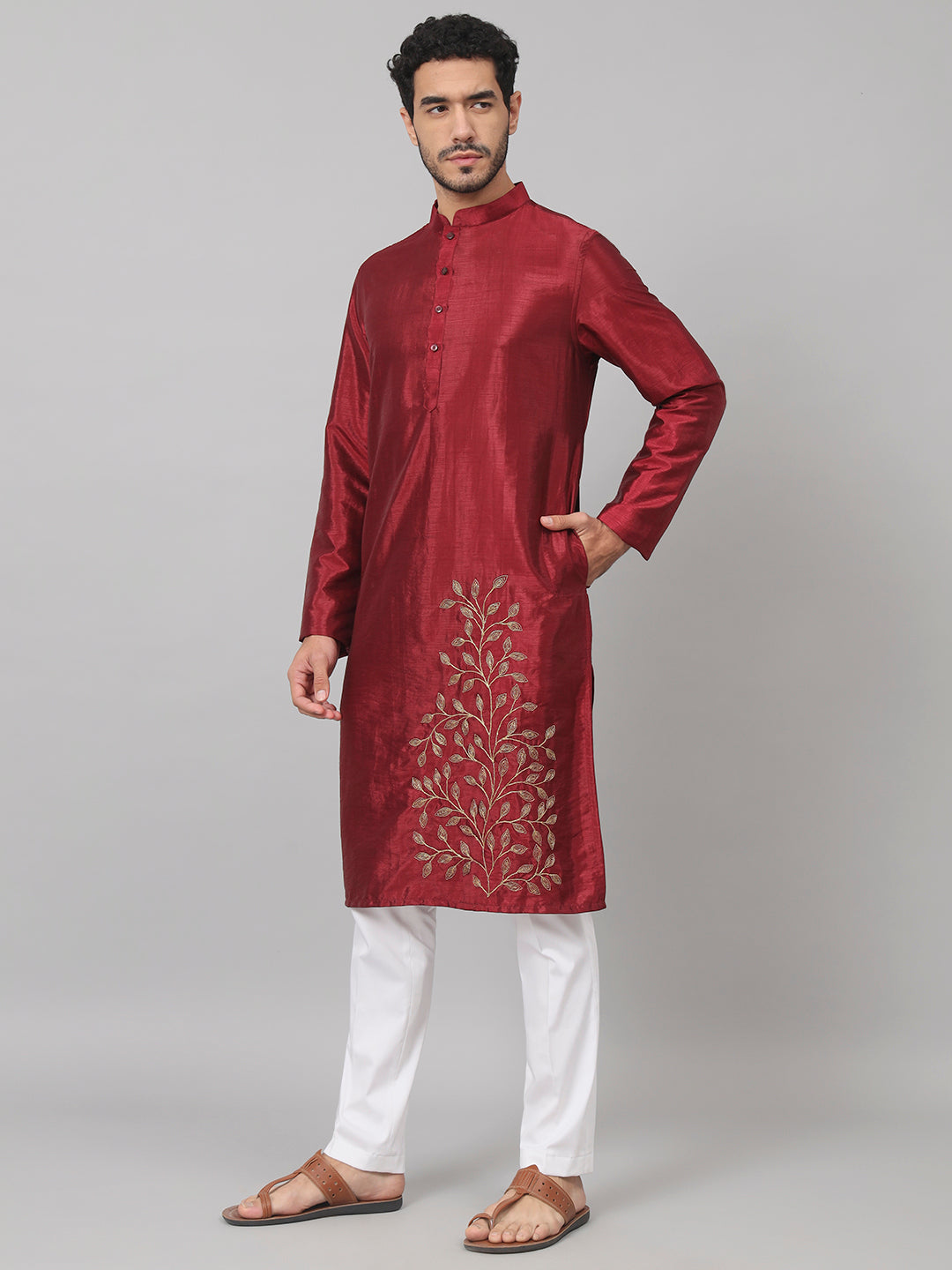 Classic Silk Kurta With Leaves Embroidery by Hilo Design | Grocsy