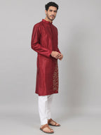Classic Silk Kurta With Leaves Embroidery by Hilo Design | Grocsy