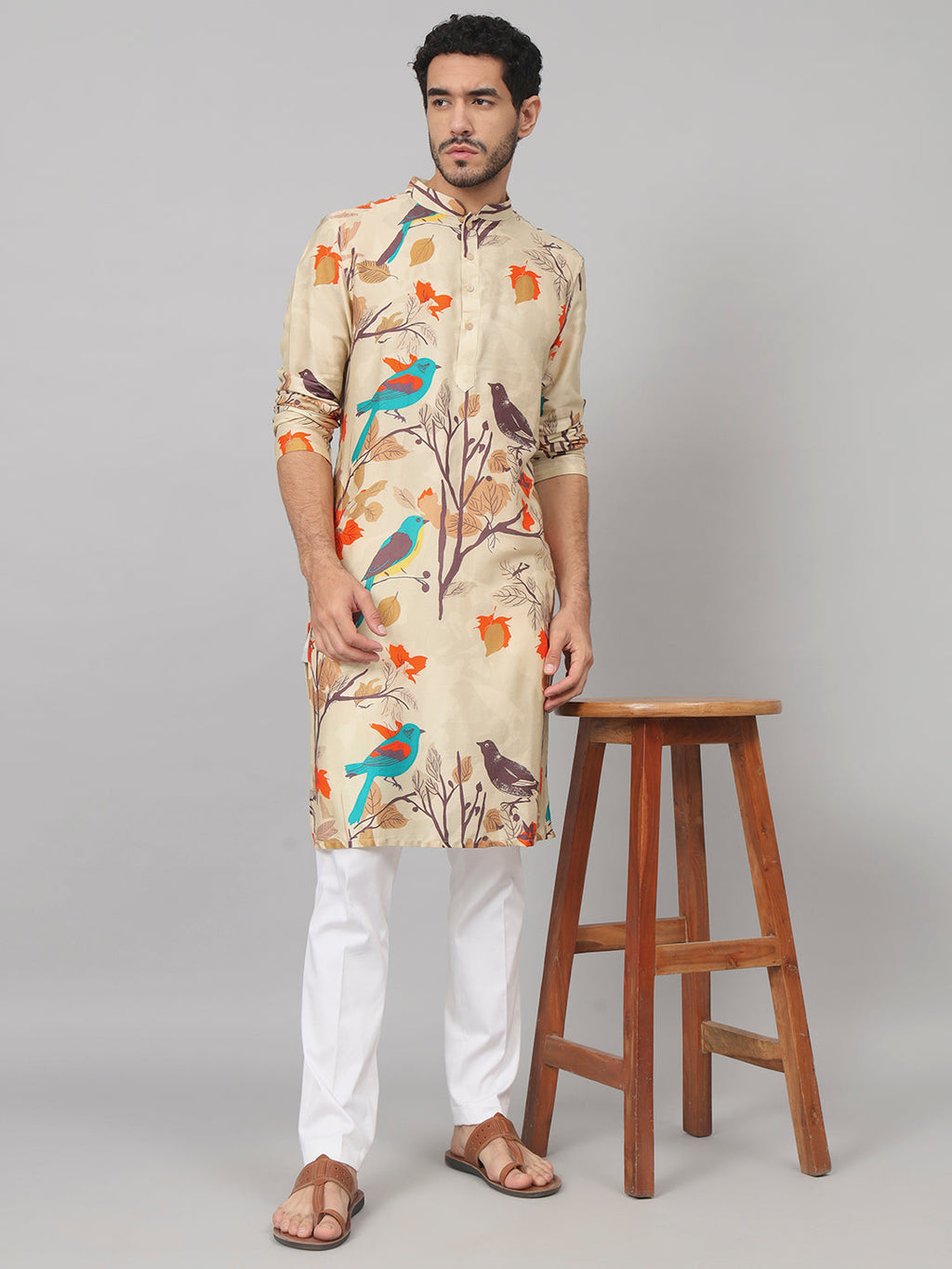 Serenity Bird Themed Print Cotton Kurta by Hilo Design | Grocsy