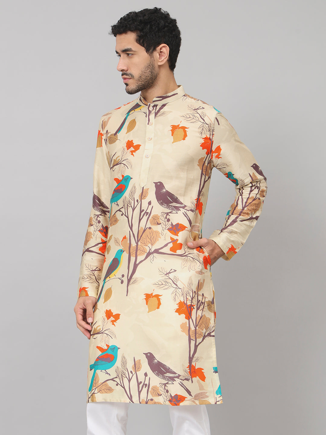 Serenity Bird Themed Print Cotton Kurta by Hilo Design | Grocsy