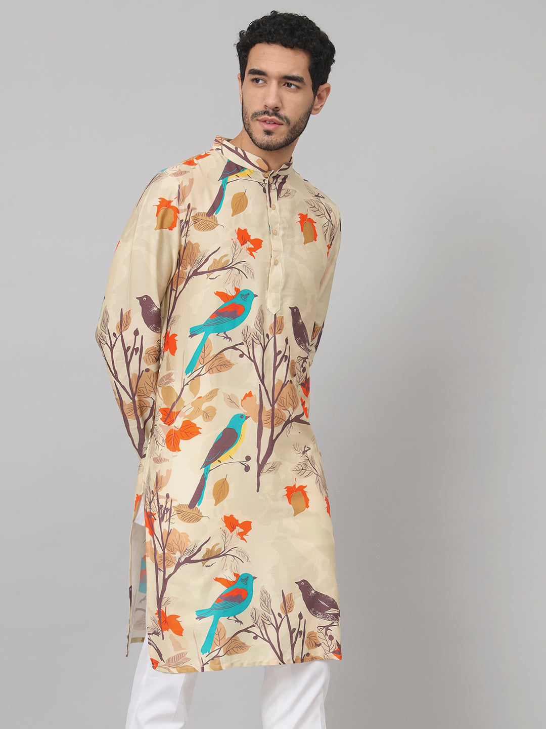 Serenity Bird Themed Print Cotton Kurta by Hilo Design | Grocsy