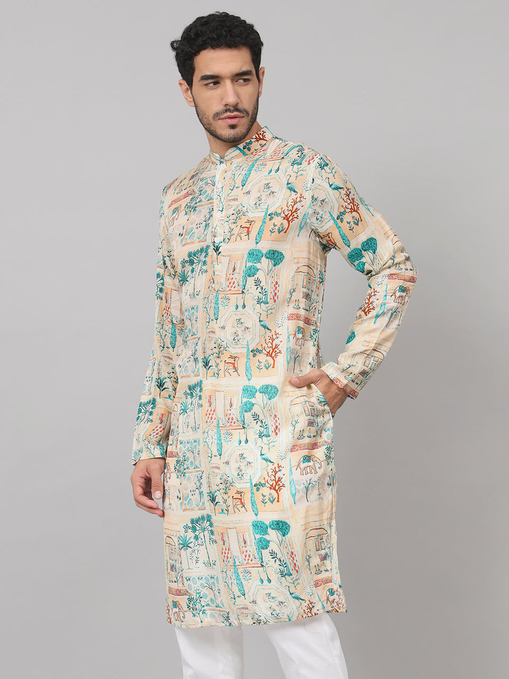 Classic Forest Print Silk Kurta by Hilo Design | Grocsy