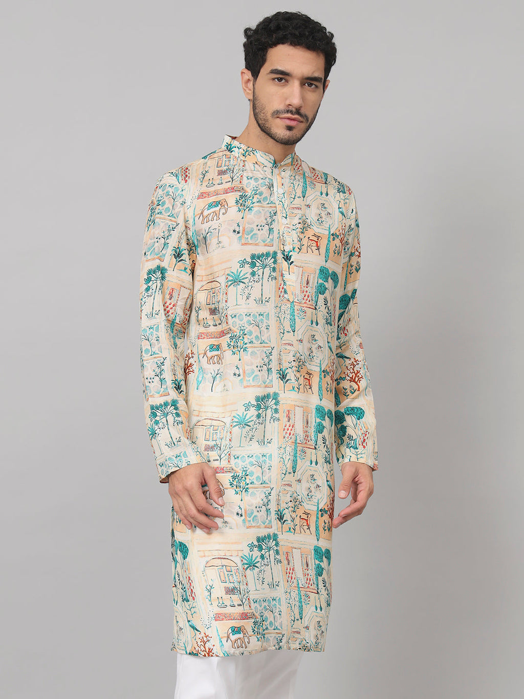 Classic Forest Print Silk Kurta by Hilo Design | Grocsy