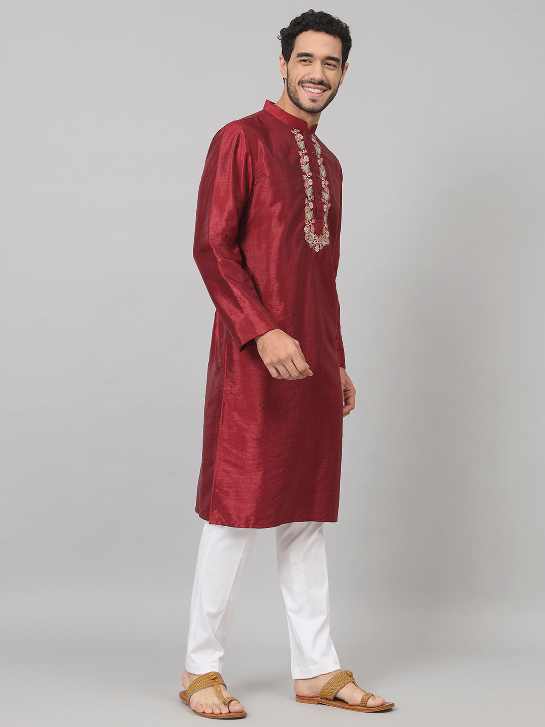 Traditional Neckline Embroidered Silk Kurta by Hilo Design | Grocsy