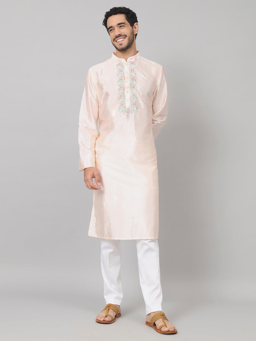Pastels Neckline Embroidered Silk Kurta by Hilo Design | Grocsy