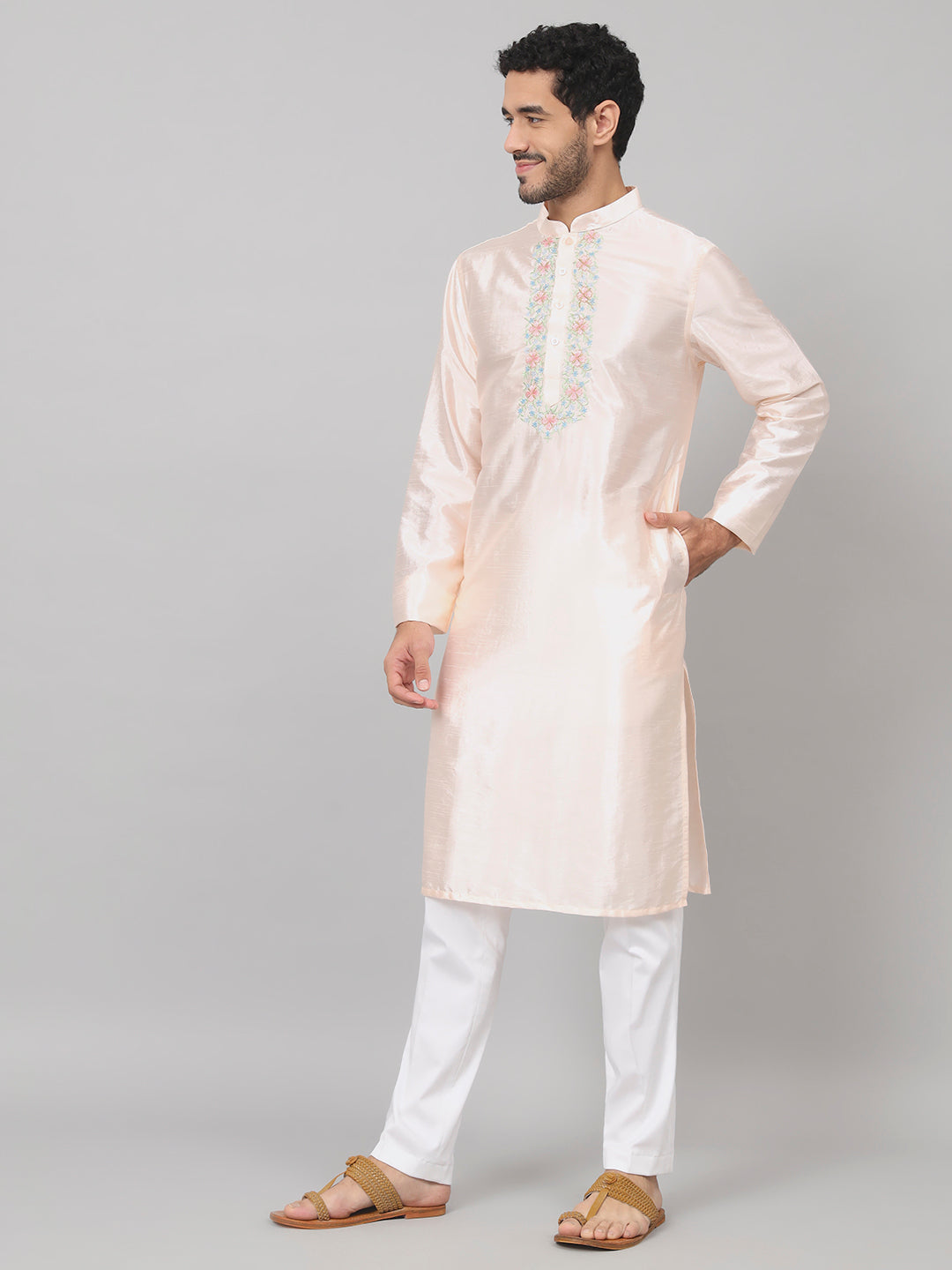 Pastels Neckline Embroidered Silk Kurta by Hilo Design | Grocsy
