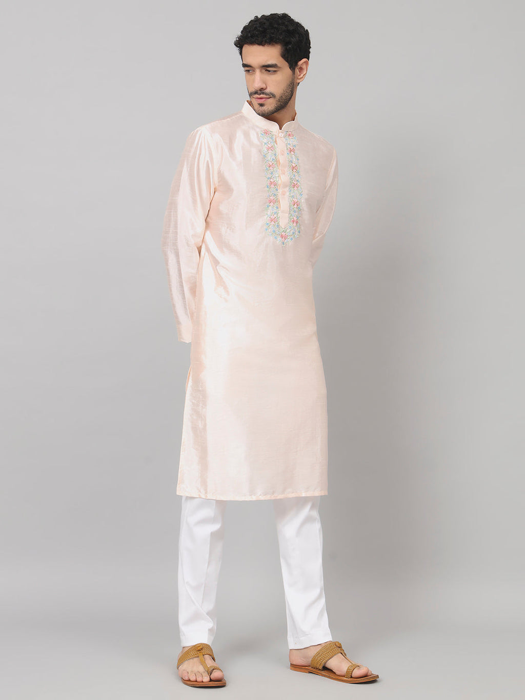 Pastels Neckline Embroidered Silk Kurta by Hilo Design | Grocsy