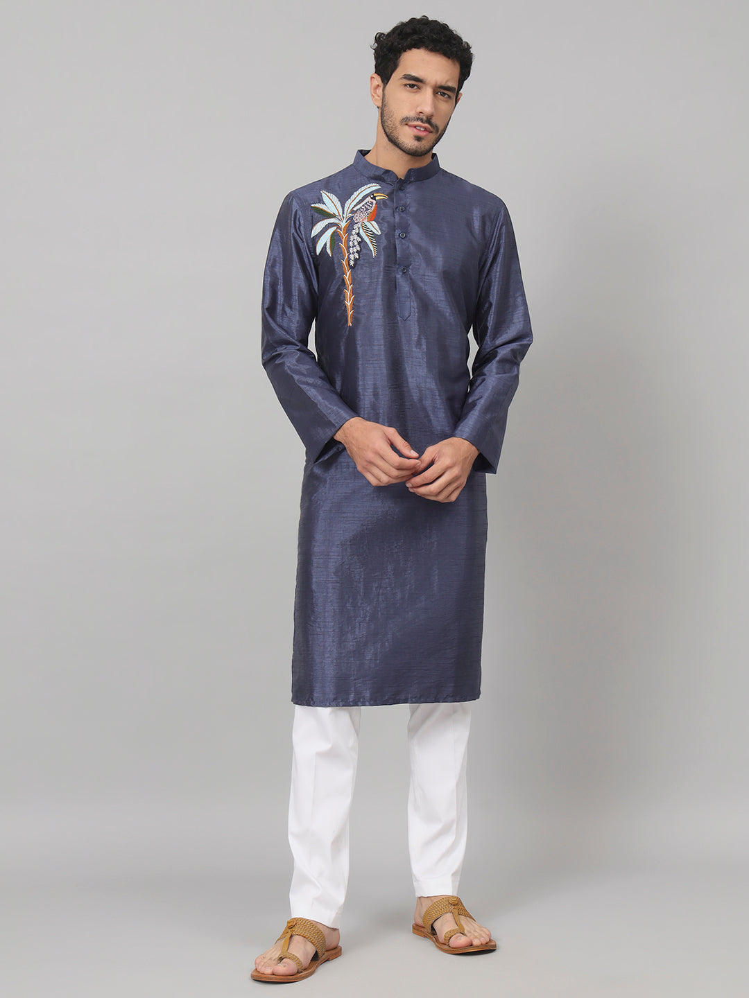 Sapphire Embroidered Silk Kurta by Hilo Design | Grocsy