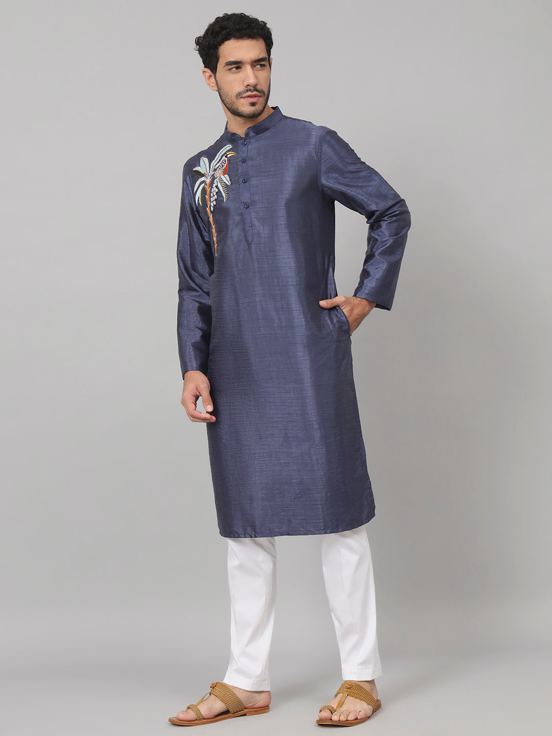 Sapphire Embroidered Silk Kurta by Hilo Design | Grocsy