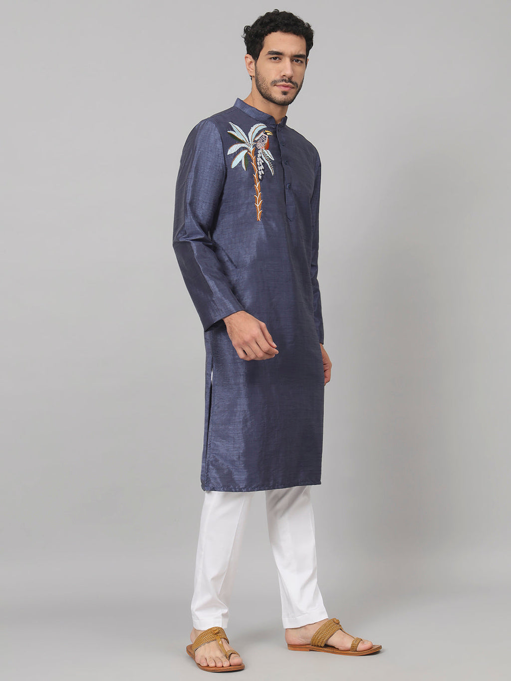 Sapphire Embroidered Silk Kurta by Hilo Design | Grocsy
