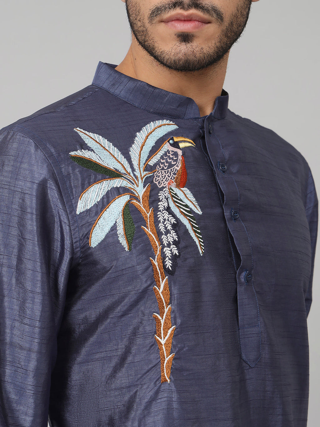 Sapphire Embroidered Silk Kurta by Hilo Design | Grocsy