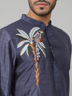 Sapphire Embroidered Silk Kurta by Hilo Design | Grocsy