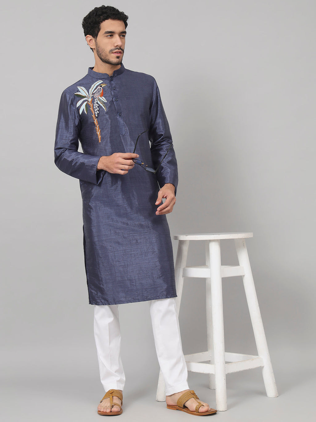 Sapphire Embroidered Silk Kurta by Hilo Design | Grocsy