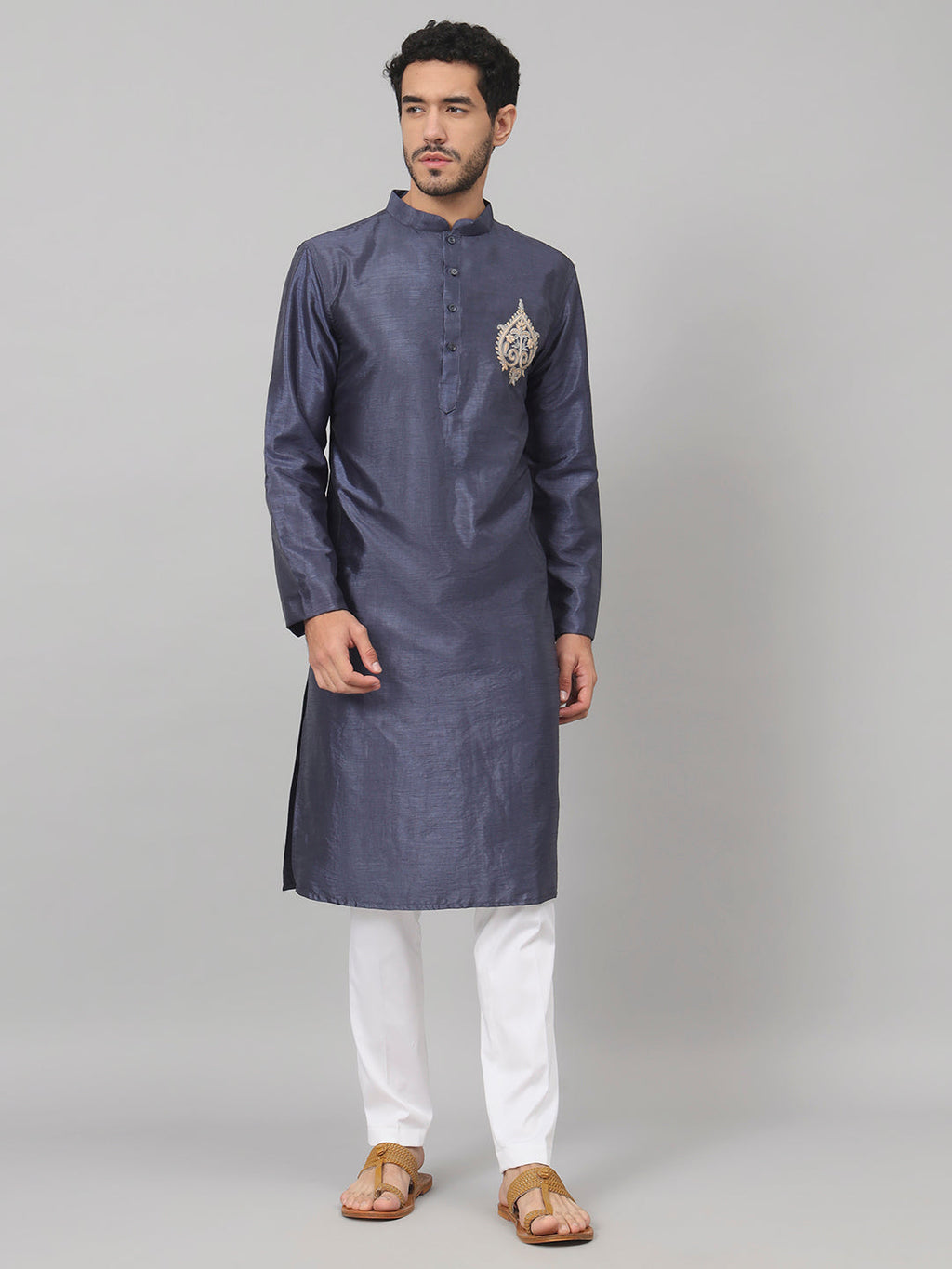 Classic Silk Kurta With Motif Embroidery by Hilo Design | Grocsy