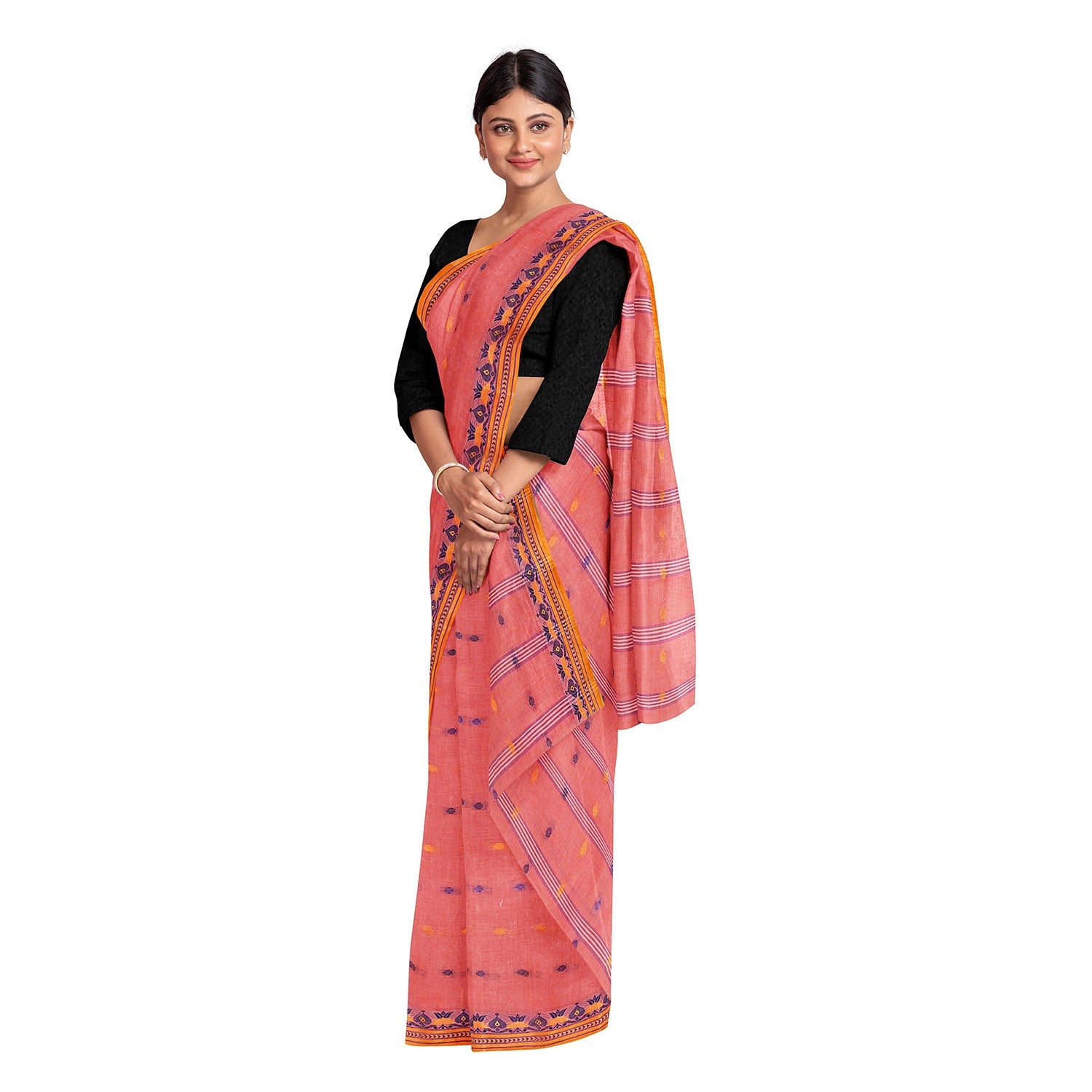 Exclusive Collection 100% Pure Cotton Peach Tant Saree With Hand Weaving Work | Grocsy