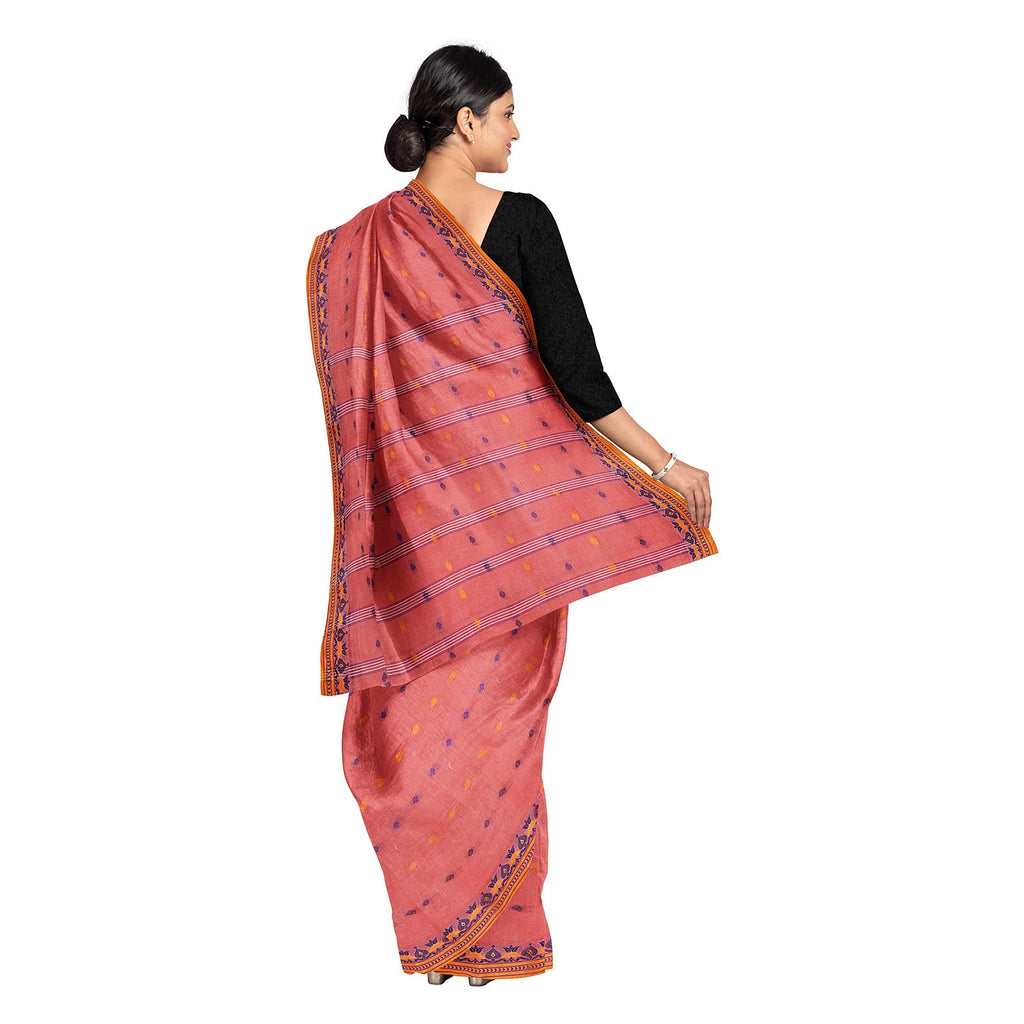 Exclusive Collection 100% Pure Cotton Peach Tant Saree With Hand Weaving Work | Grocsy