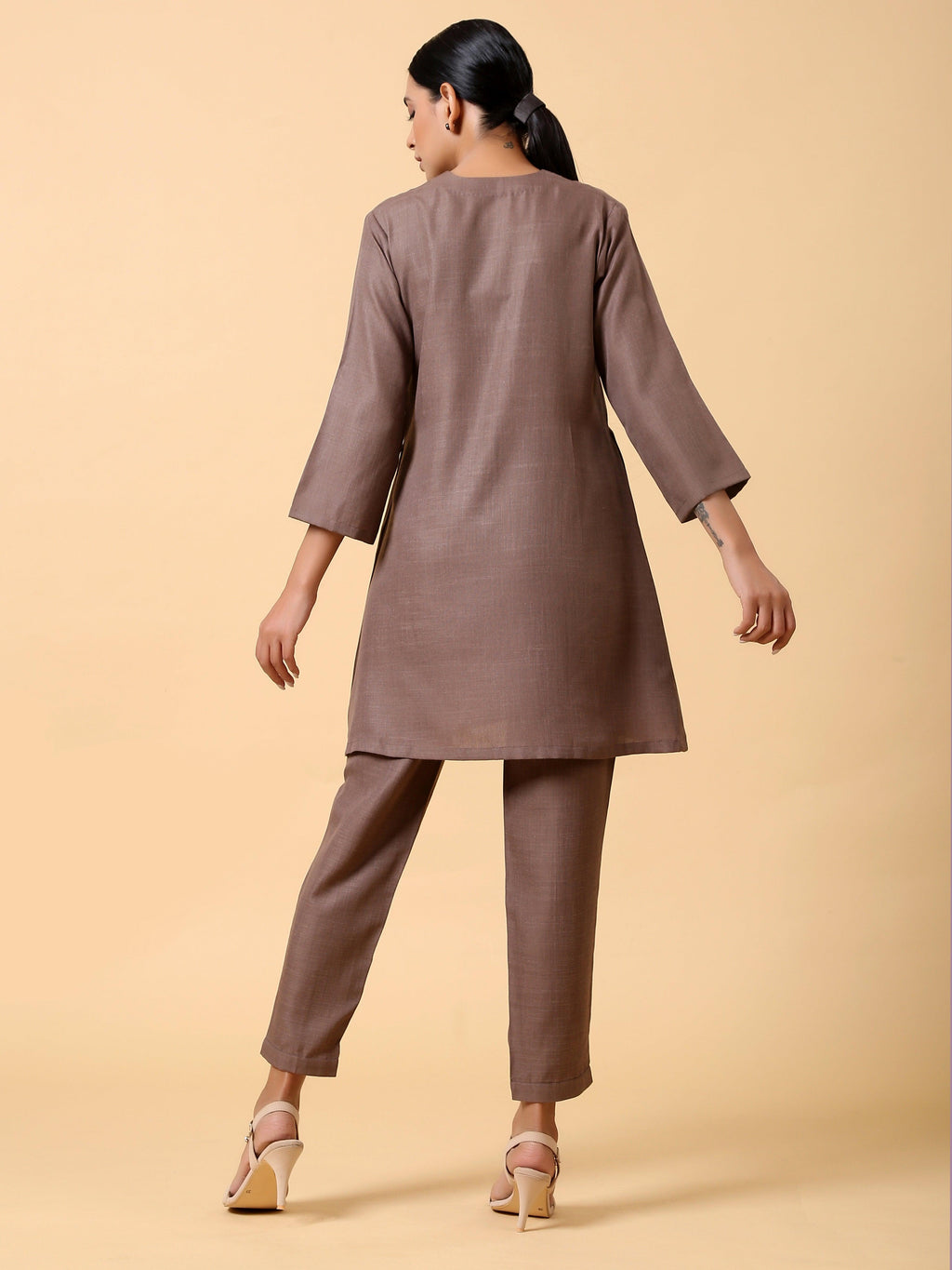 trueBrowns Cotton Linen Burnt Brown Pleated Co-Ord Set | Grocsy