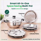 The Indus Valley 8 Pit Tri-Steel Multi Pot Premium Stainless Steel Idli/ Dhokla/ Momo Maker/ Veg Steaming Set, Tri-ply Induction Bottom, 5 Plates, 3L | Grocsy
