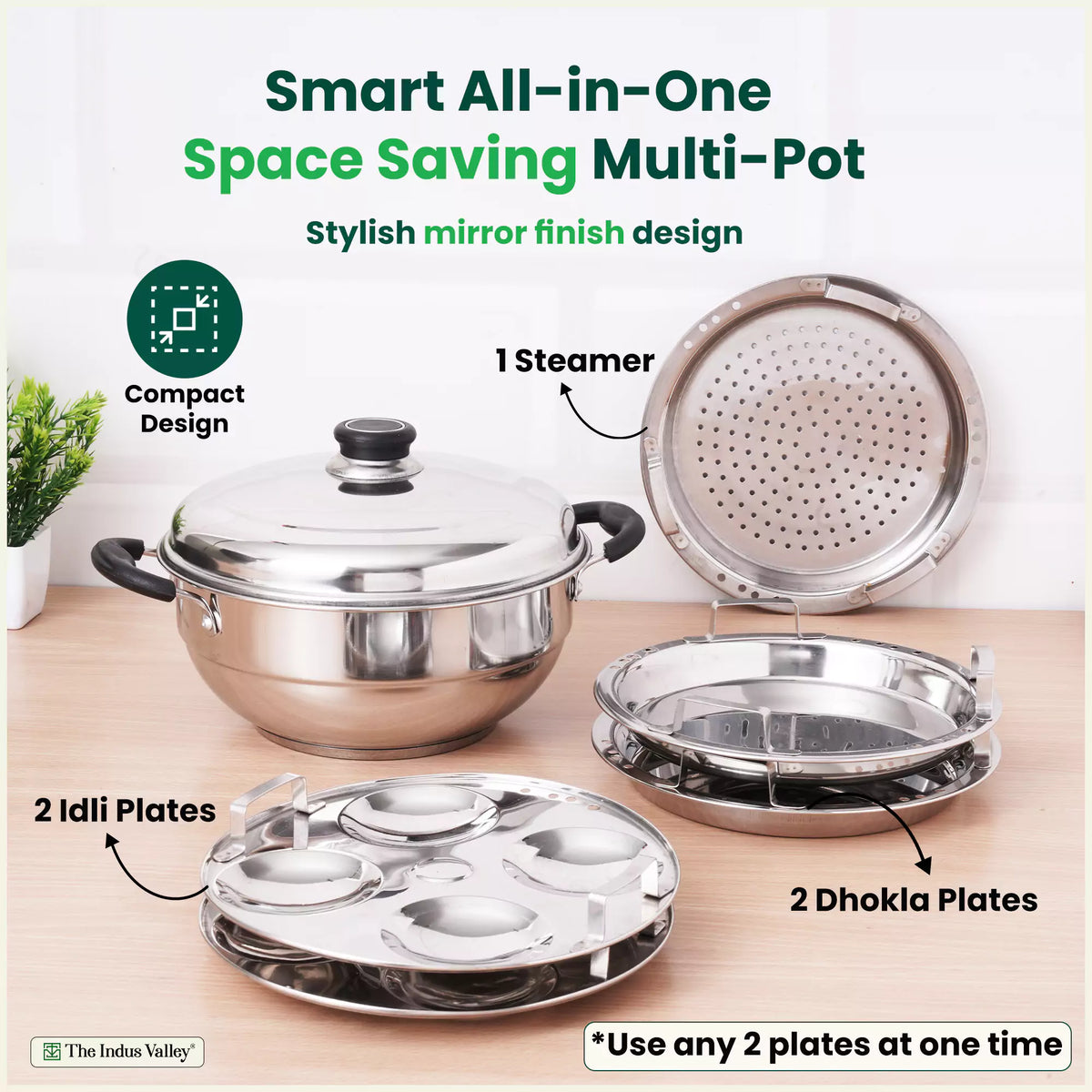 The Indus Valley 8 Pit Tri-Steel Multi Pot Premium Stainless Steel Idli/ Dhokla/ Momo Maker/ Veg Steaming Set, Tri-ply Induction Bottom, 5 Plates, 3L | Grocsy