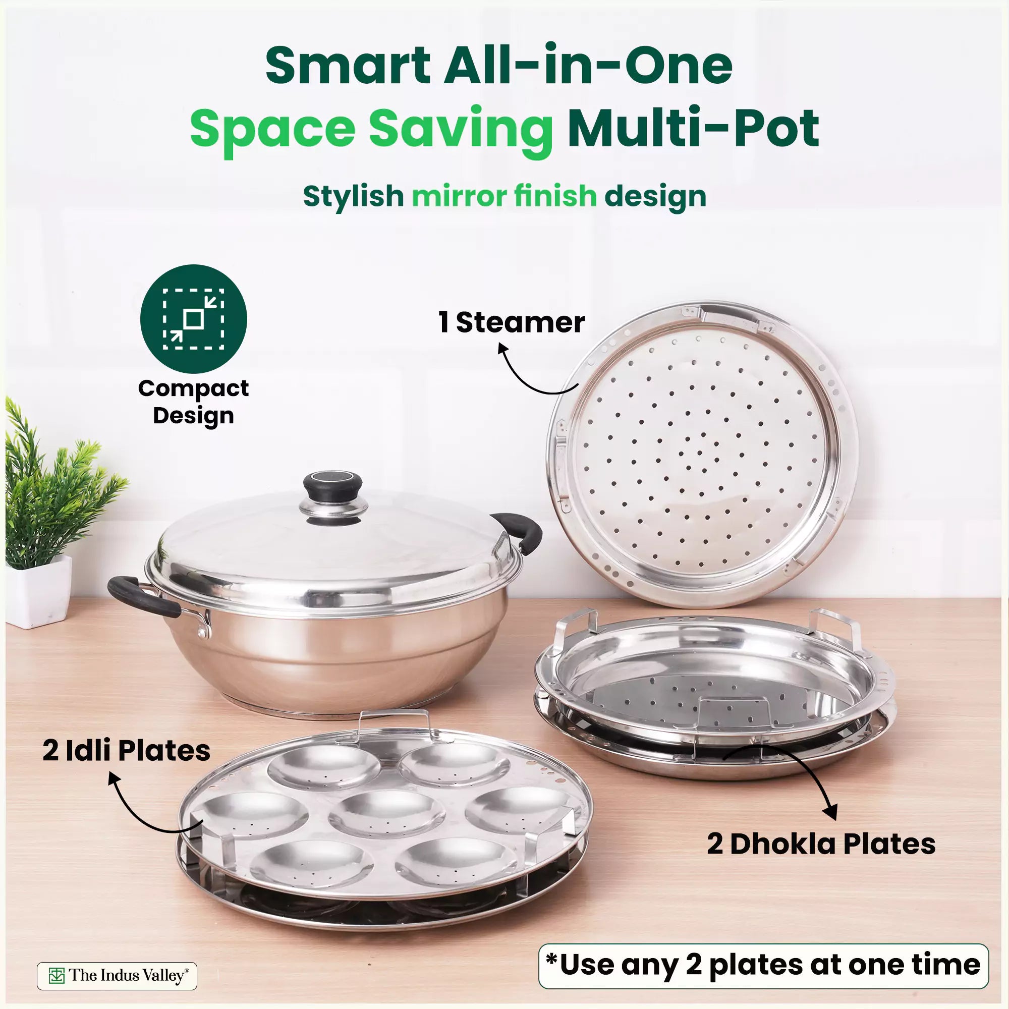 The Indus Valley 14 Pit Tri-Steel Multi Pot Premium Stainless Steel Idli/ Dhokla/ Momo Maker/  Veg Steaming Set, Tri-ply Induction Bottom, 5 Plates, 4.2L, 2.5kg | Grocsy