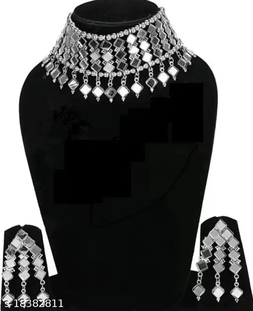 Tehzeeb Creations Women's Silver Colour Oxidised Necklace And Earring With Mirror Work | Grocsy