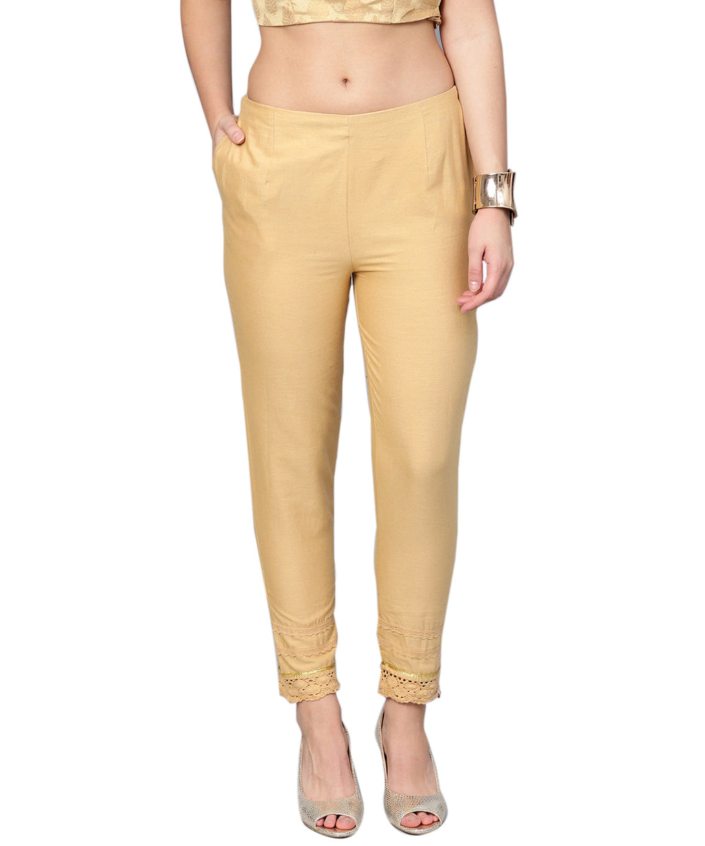 Juniper Women Gold Cotton Flex Solid Slim Fit Pant/Slim Pant | Grocsy