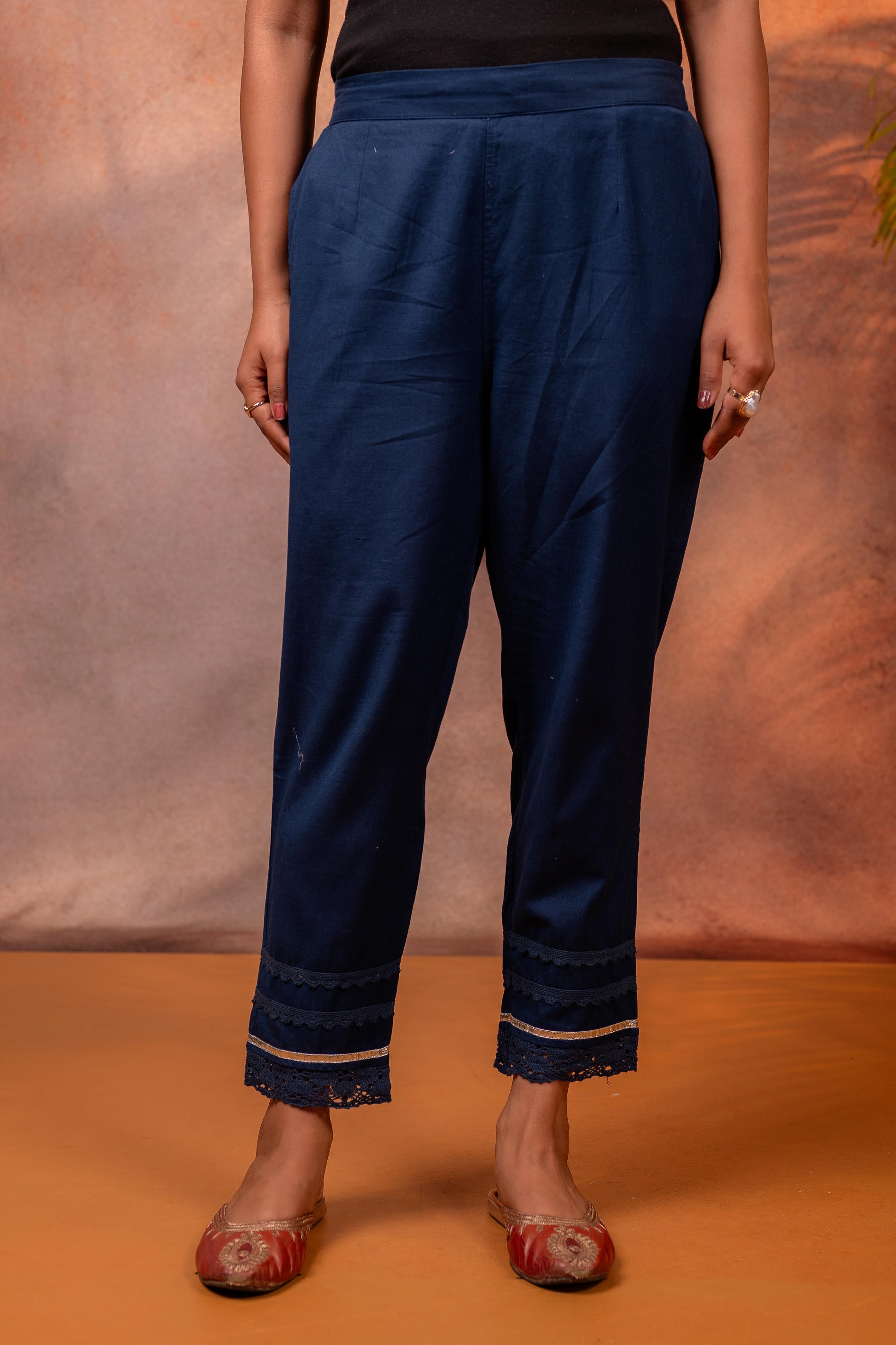 Juniper Navy Solid Cotton Flex Slim Fit Women Pants With One Pocket | Grocsy