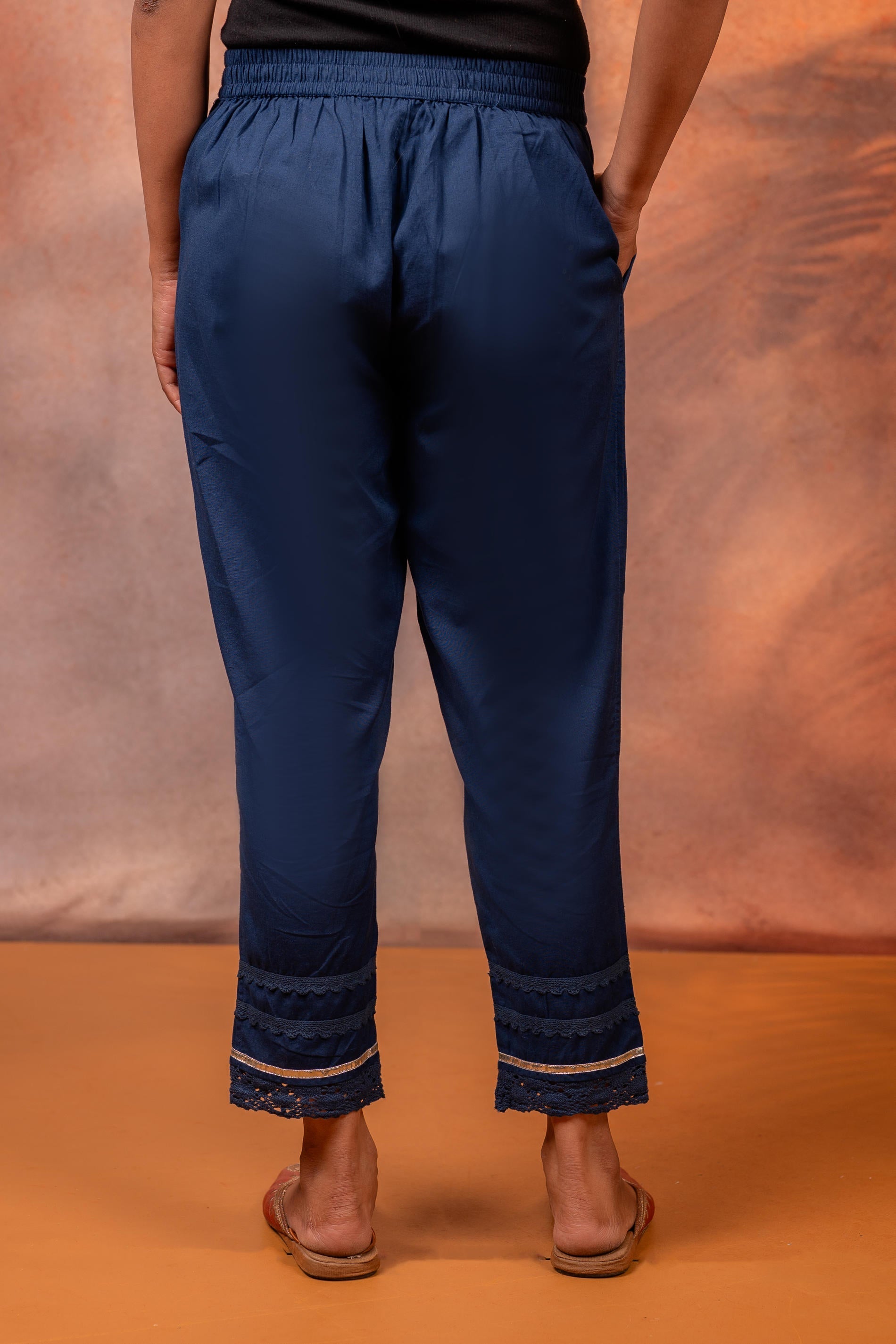 Juniper Navy Solid Cotton Flex Slim Fit Women Pants With One Pocket | Grocsy