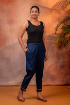 Juniper Navy Solid Cotton Flex Slim Fit Women Pants With One Pocket | Grocsy
