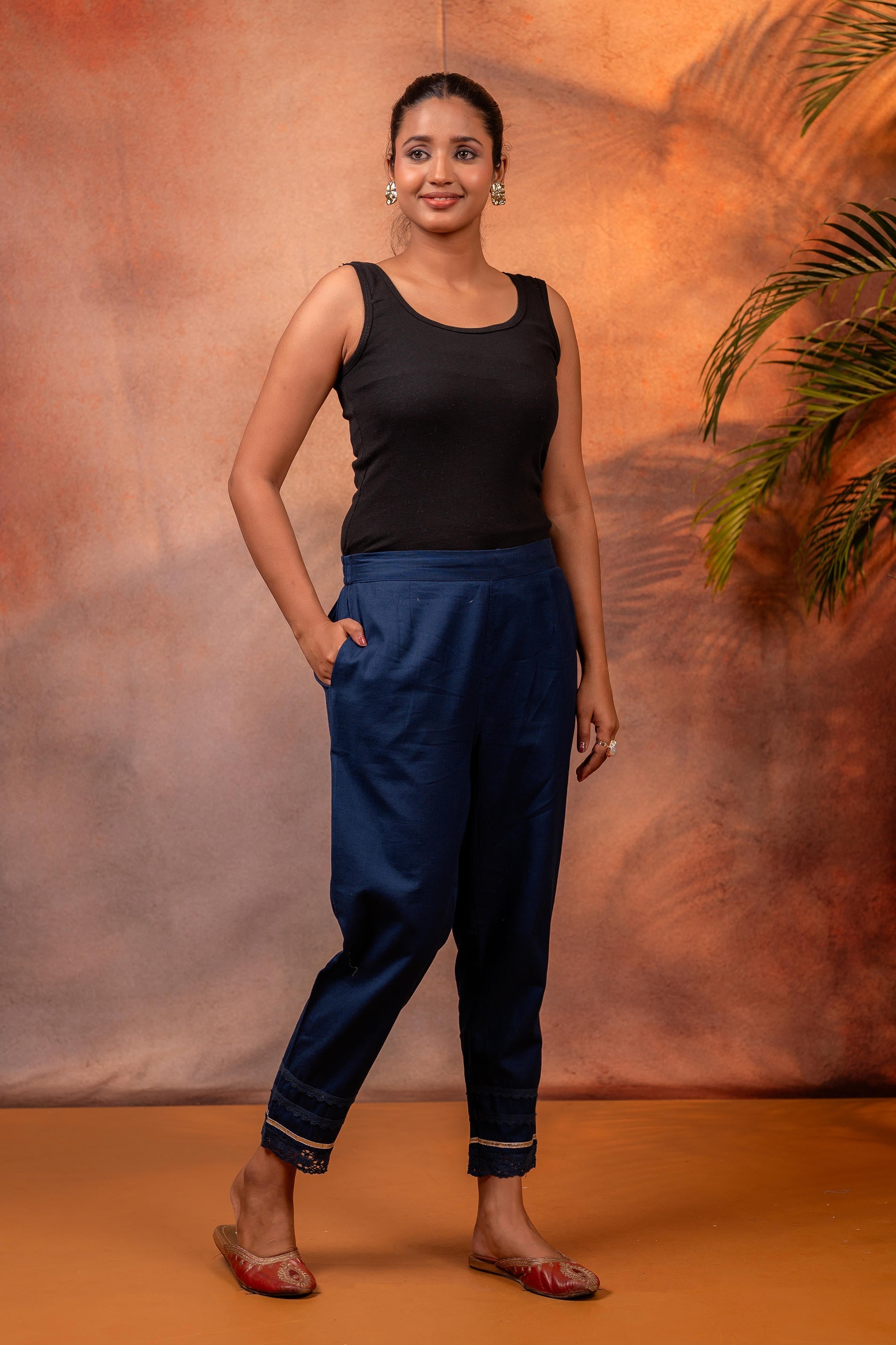 Juniper Navy Solid Cotton Flex Slim Fit Women Pants With One Pocket | Grocsy