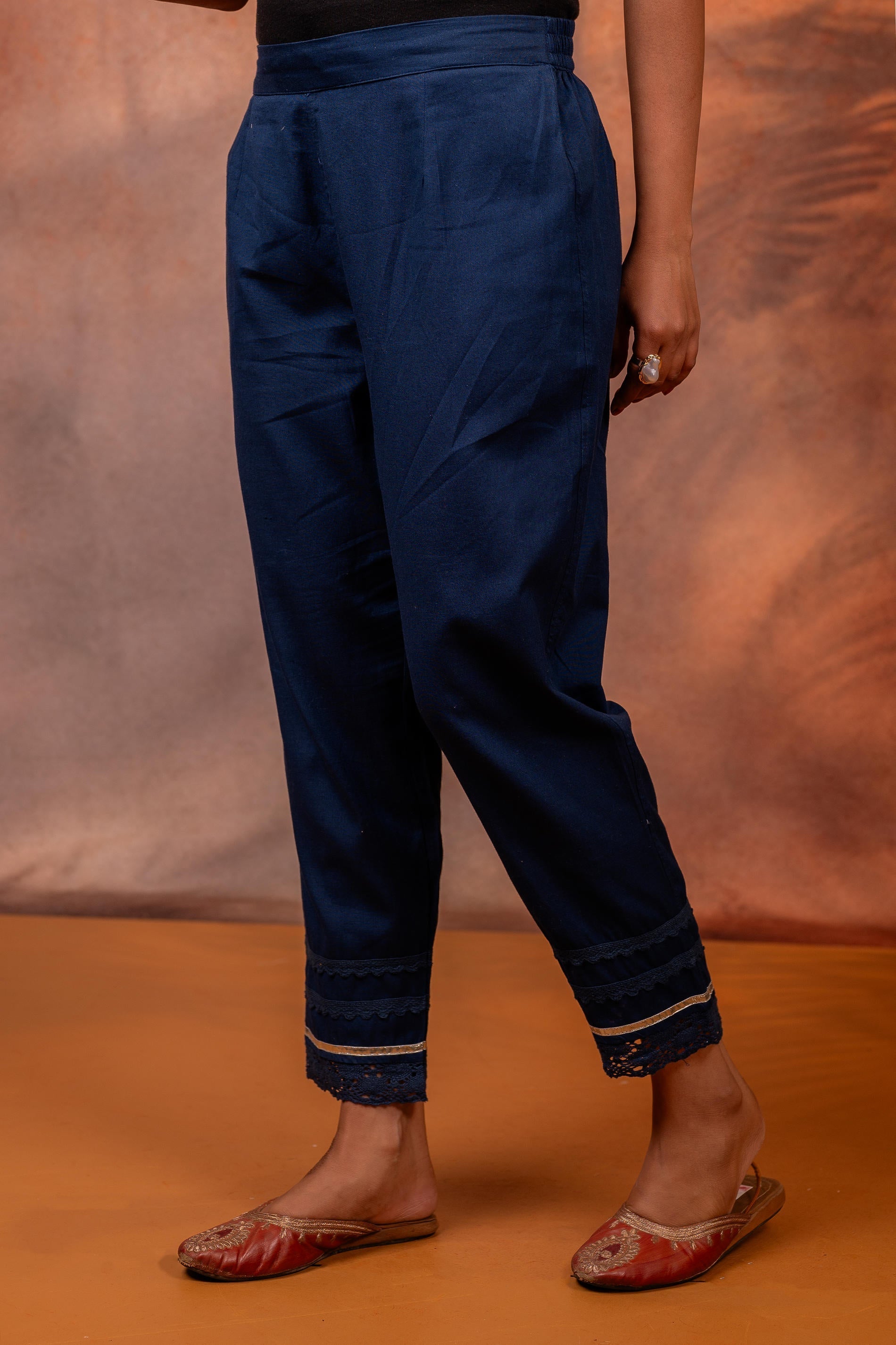 Juniper Navy Solid Cotton Flex Slim Fit Women Pants With One Pocket | Grocsy