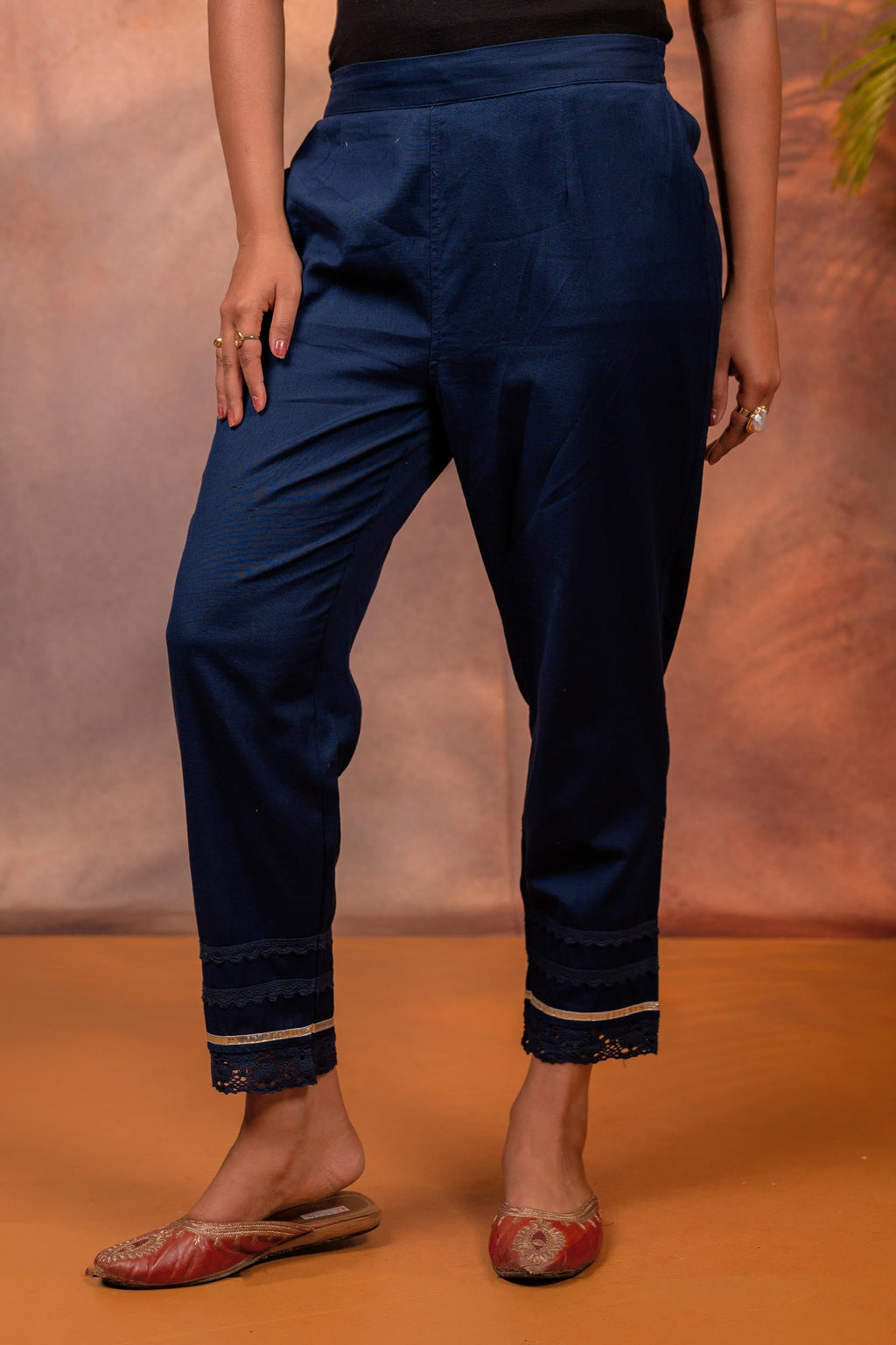 Juniper Navy Solid Cotton Flex Slim Fit Women Pants With One Pocket | Grocsy
