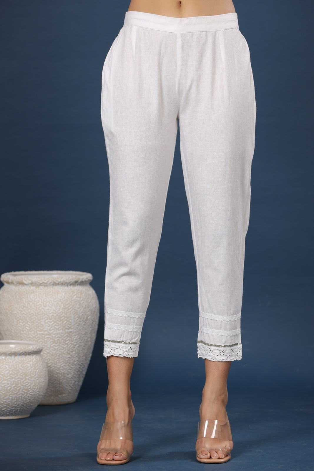 Juniper Women White Cotton Flex Solid Slim Fit Pant/Slim Pant | Grocsy