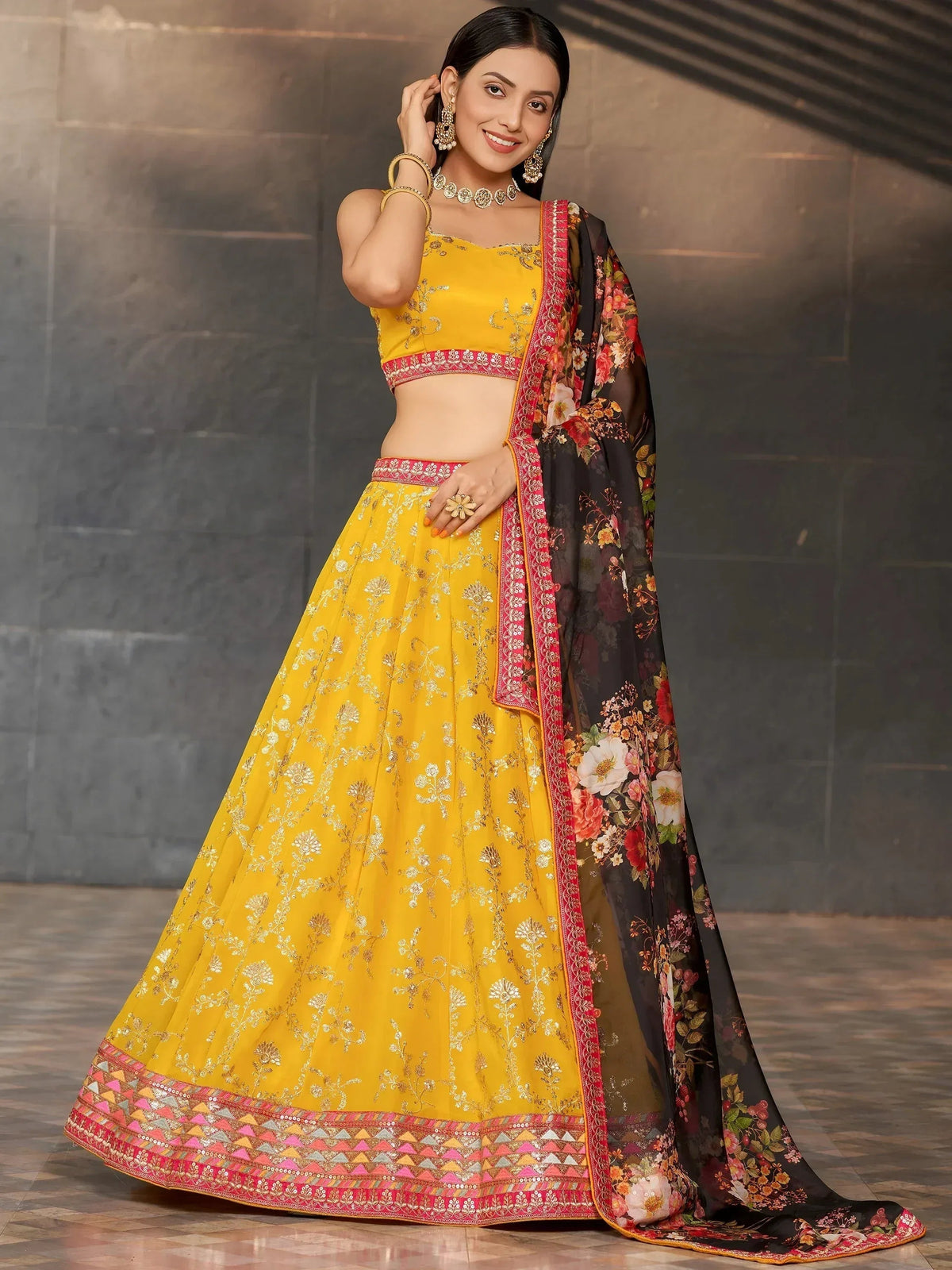 Tulsi Art Astonishing Yellow Sequins Georgette Haldi Wear Lehenga Choli | Grocsy