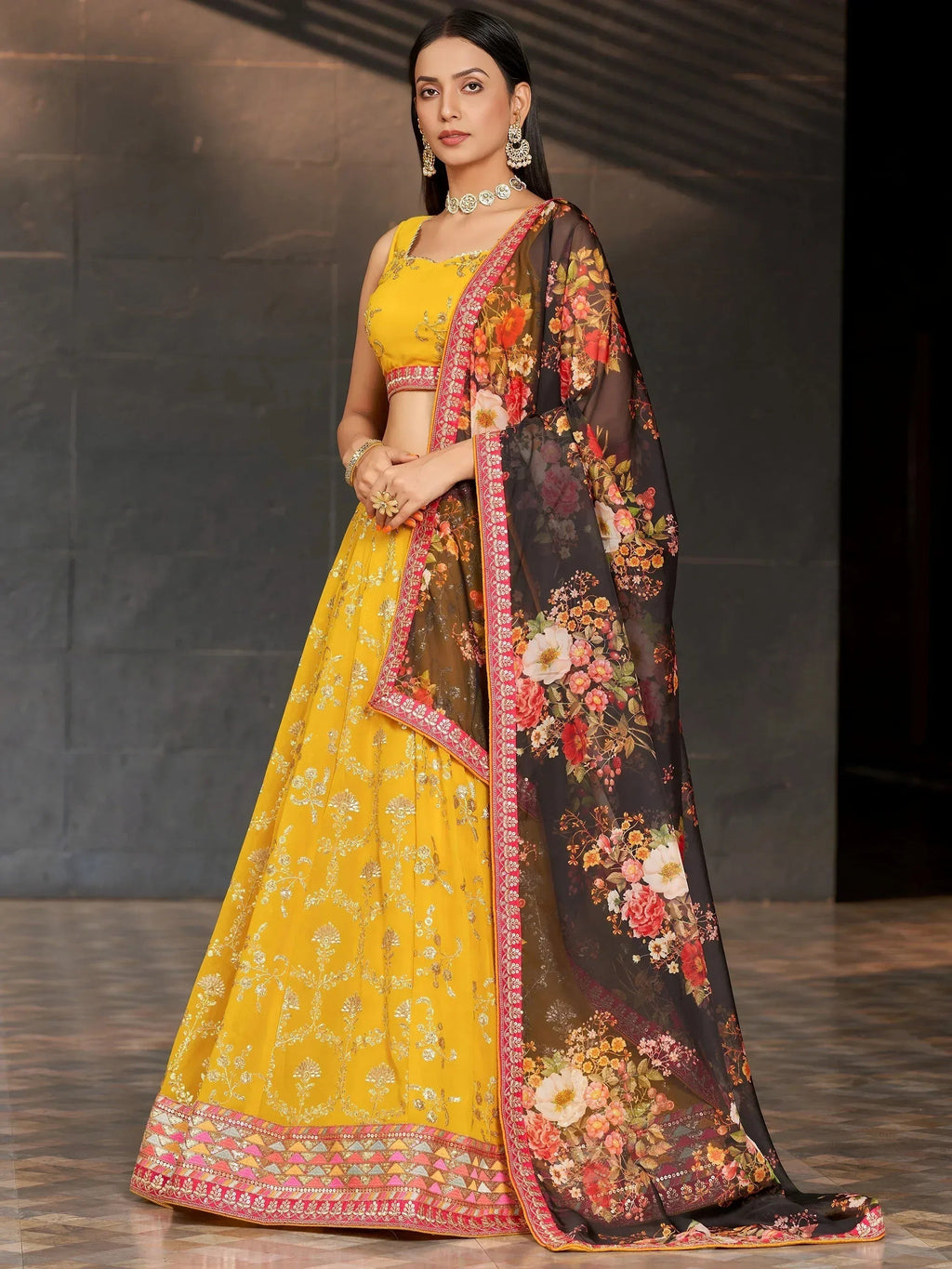 Tulsi Art Astonishing Yellow Sequins Georgette Haldi Wear Lehenga Choli | Grocsy