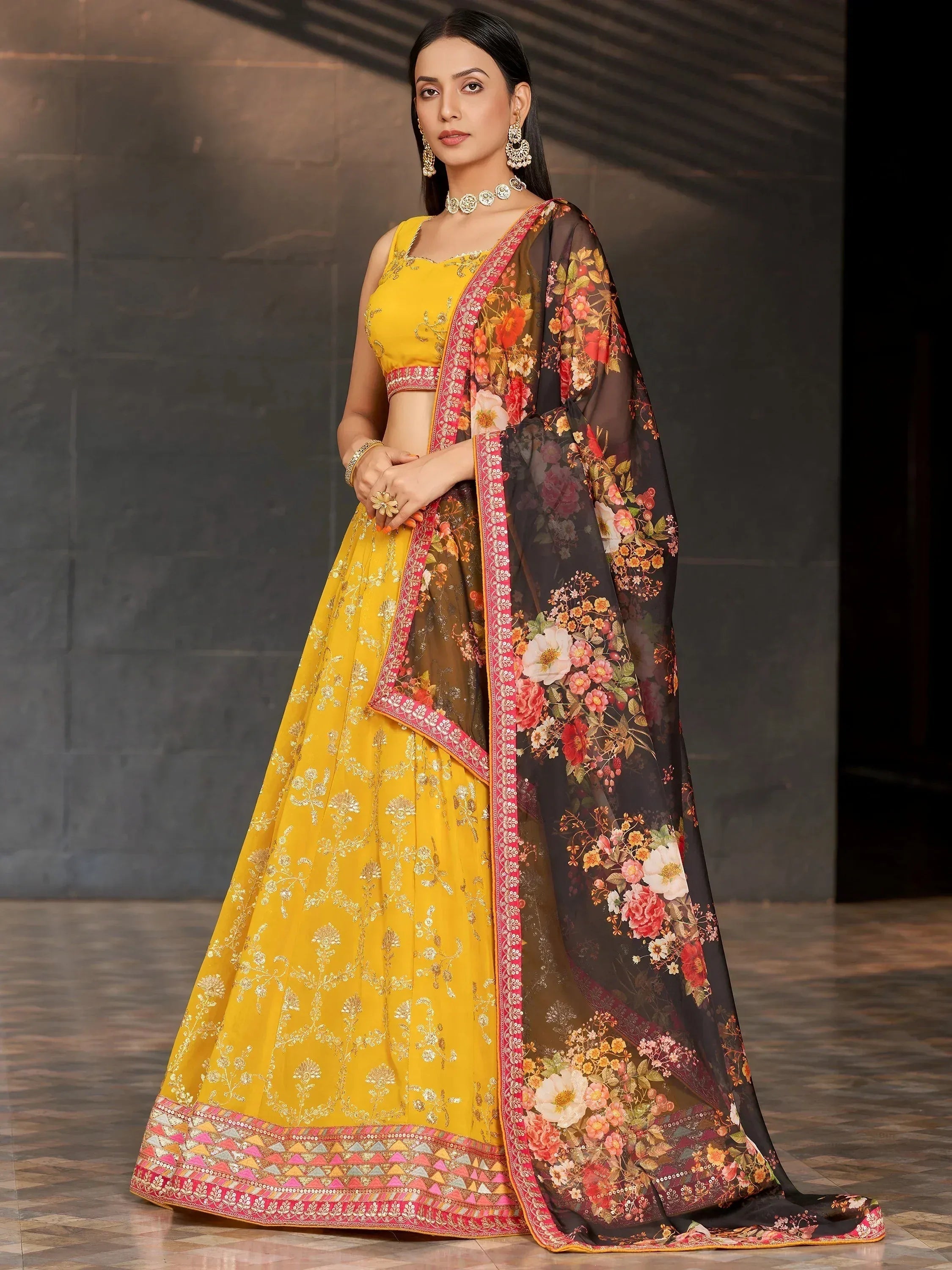 Tulsi Art Astonishing Yellow Sequins Georgette Haldi Wear Lehenga Choli | Grocsy