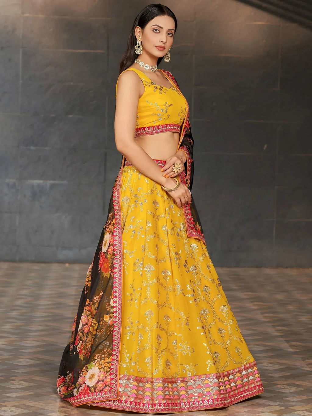 Tulsi Art Astonishing Yellow Sequins Georgette Haldi Wear Lehenga Choli | Grocsy