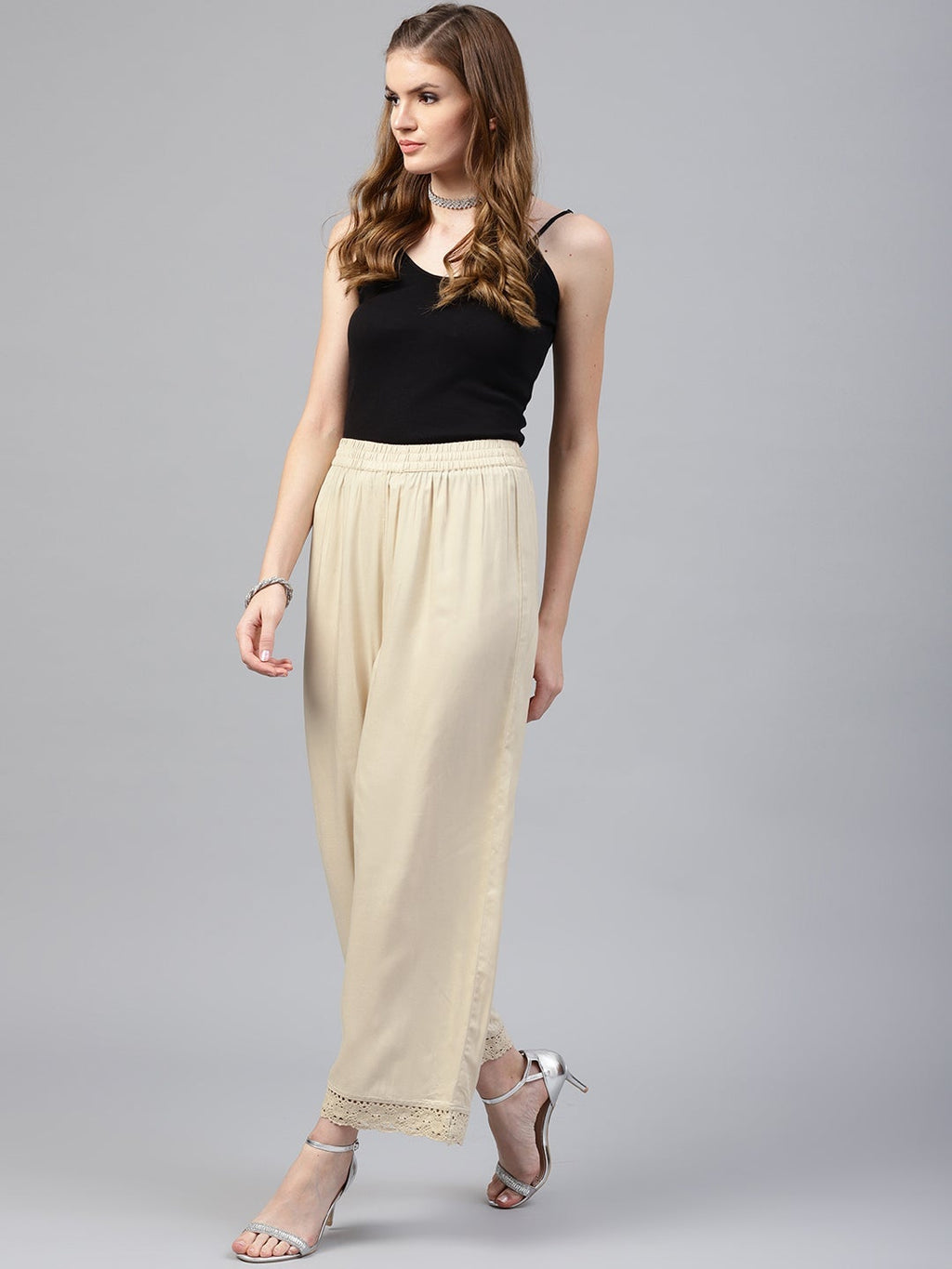 Juniper Beige Solid Rayon Wide Leg Women Palazzo With One Pocket | Grocsy
