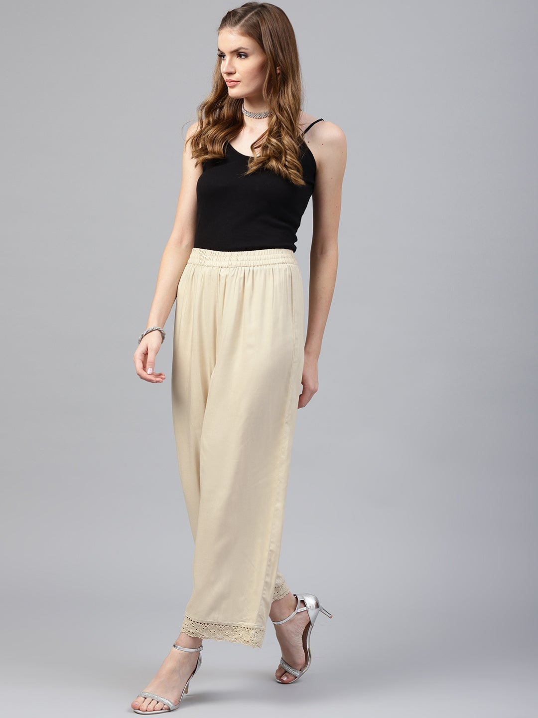 Juniper Beige Solid Rayon Wide Leg Women Palazzo With One Pocket | Grocsy