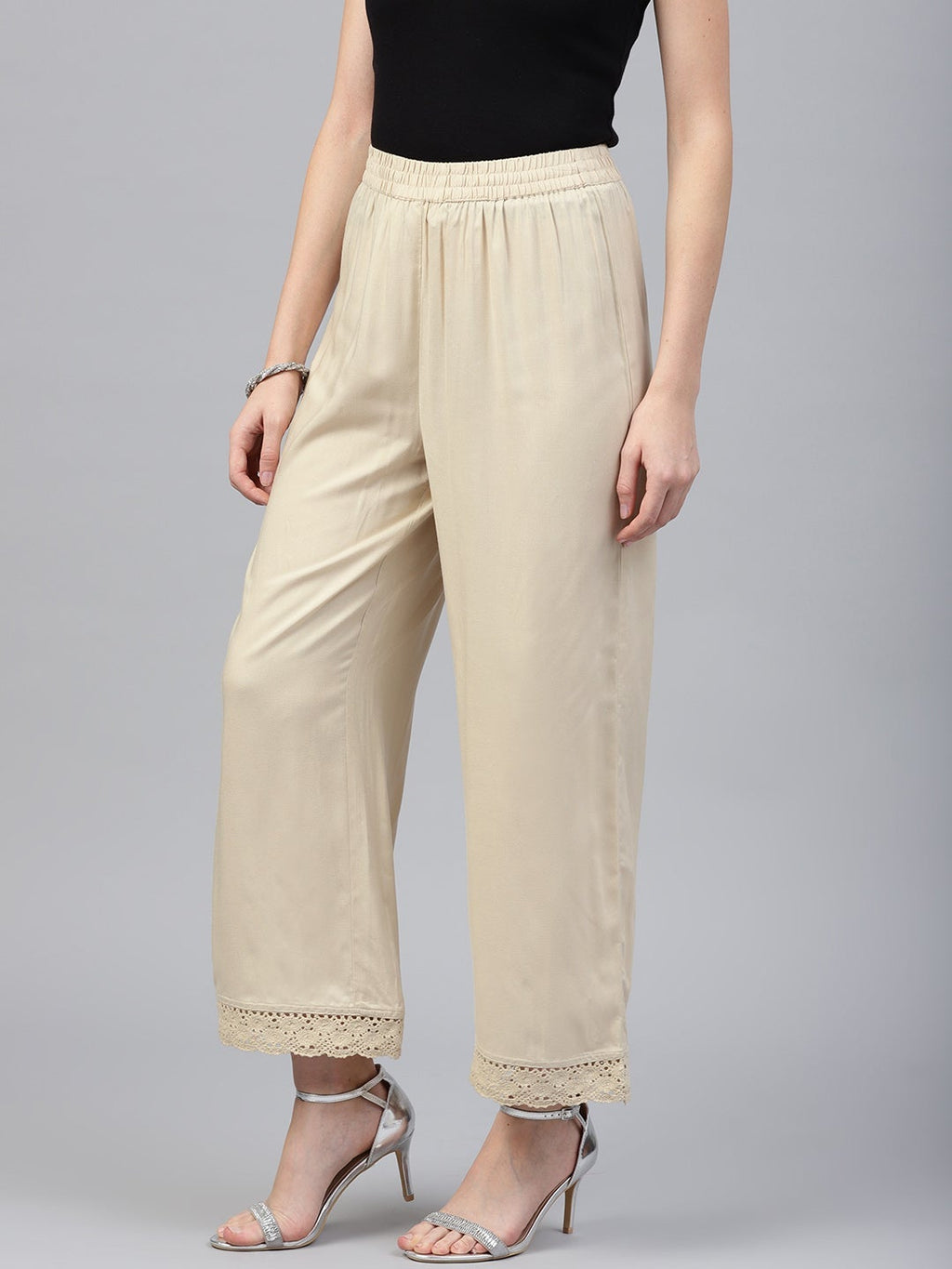 Juniper Beige Solid Rayon Wide Leg Women Palazzo With One Pocket | Grocsy