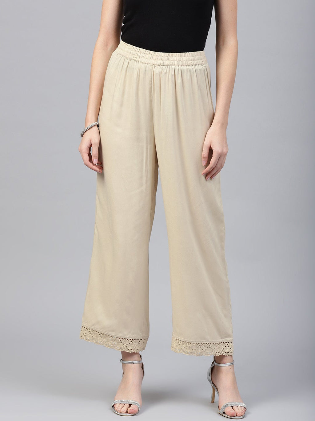 Juniper Beige Solid Rayon Wide Leg Women Palazzo With One Pocket | Grocsy