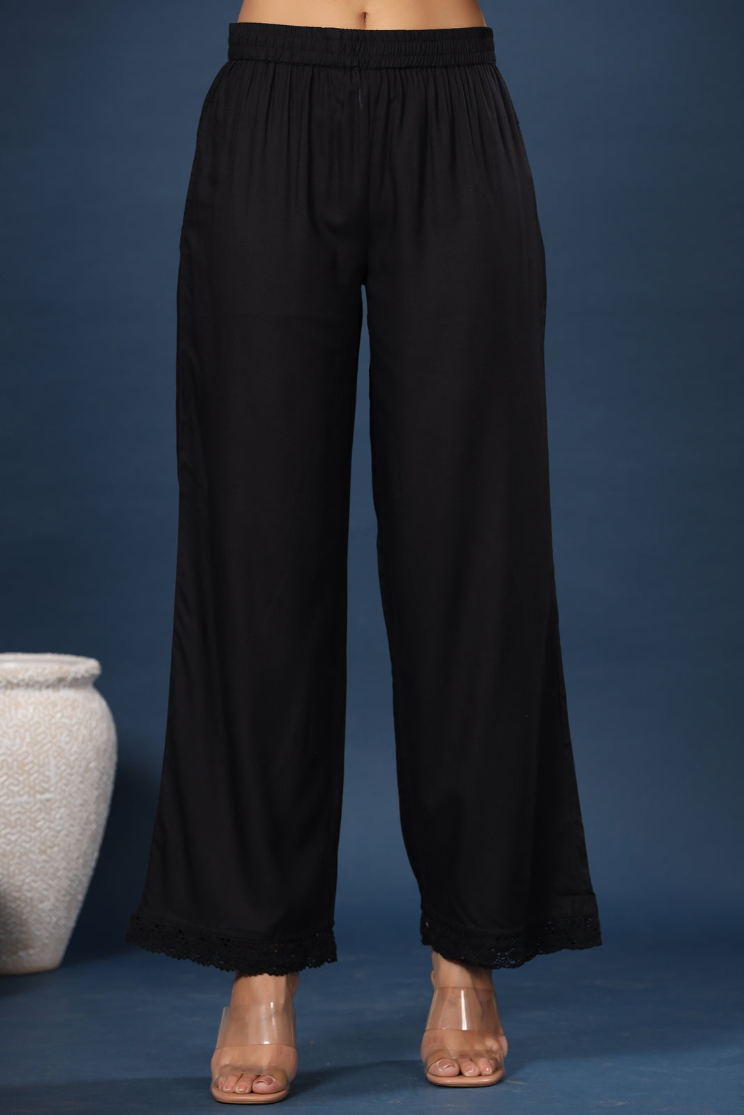Juniper Women Black Rayon Solid Wide Leg Palazzo | Grocsy