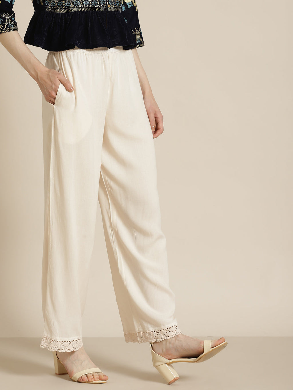 Juniper Women Ivory Rayon Solid Wide Leg Palazzo | Grocsy