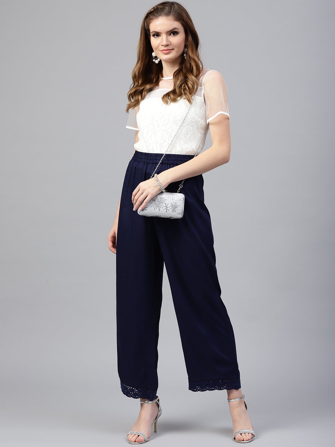 Juniper Navy Blue Solid Rayon Wide Leg Women Palazzo With One Pocket | Grocsy