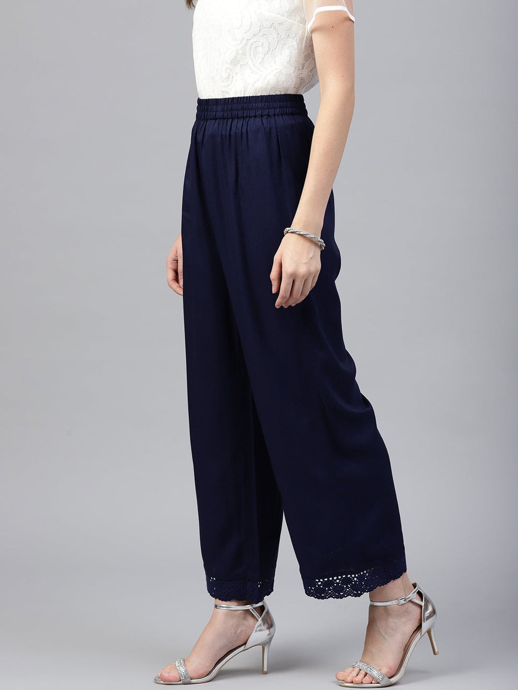 Juniper Navy Blue Solid Rayon Wide Leg Women Palazzo With One Pocket | Grocsy